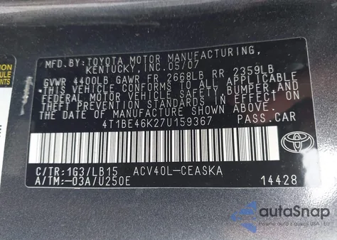 2007 Toyota Camry Se из США, поврежденный, VIN 4T1BE46K27U159367